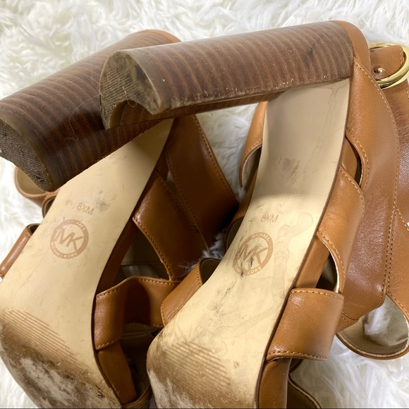 MICHAEL Michael Kors Criss Cross Strap Gladiator Tan Brown Heels Wood Heel 8.5 - Picture 9 of 10